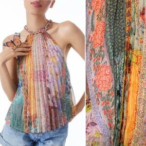 Alice + Olivia Alycia Chain Collar Pleated Multicolor Floral Halter Top M